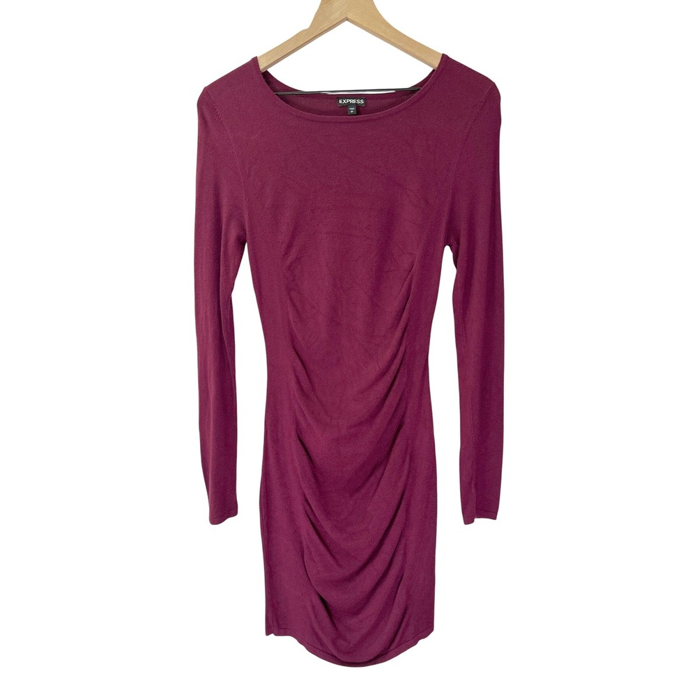 Express Bodycon Dress Small Burgundy Ruched Long Sleeve Knit Mini Party Sexy